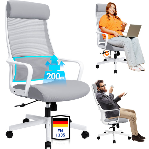 MELOKEA Bürostuhl Ergonomisch, Schreibtischstuhl mit Verstellbarer Kopfstütze, Breites Sitzkissen, Lendenwirbelstütze