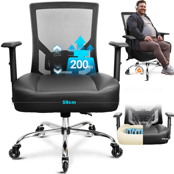 MELOKEA Office Chair 200 kg, Extra Large Seat Cushion with Spring Core & PU Surface, Quiet Rubber Casters, Adjustable Lumbar Support, Infinite Tilt Lock, Ergonomic XXL Office Chair
