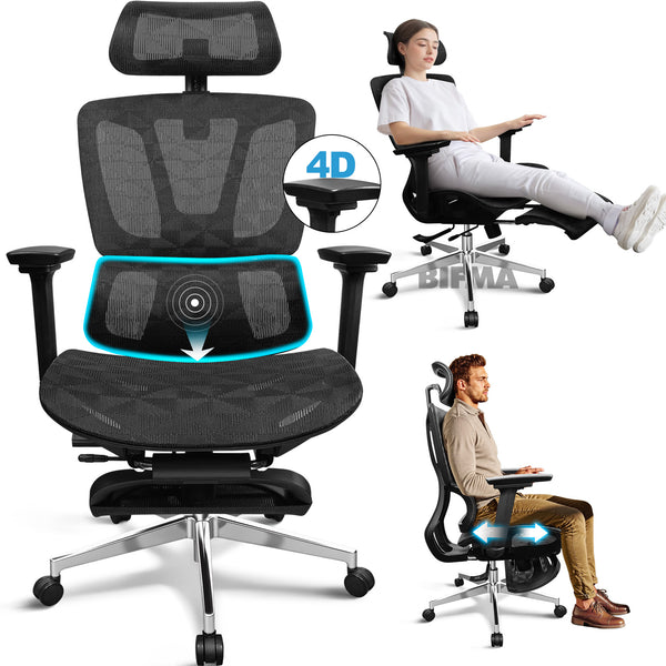 MELOKEA Ergonomic Office Chair with Adjustable Footrest, 4 Tilt Angles, 4D Armrests, Lumbar Support, Adjustable Depth, Leg Support, Big and Tall 150kg 1.55-2m Computer Swivel Desk Chair Mesh Seat