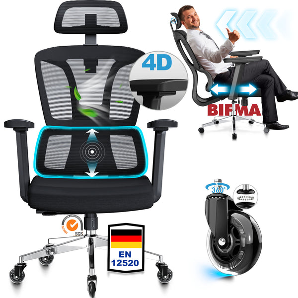 MELOKEA Bürostuhl Ergonomisch, 4D-Armlehnen, Verstellbare Sitztiefe, Gummirollen（Will ship in 15 days）